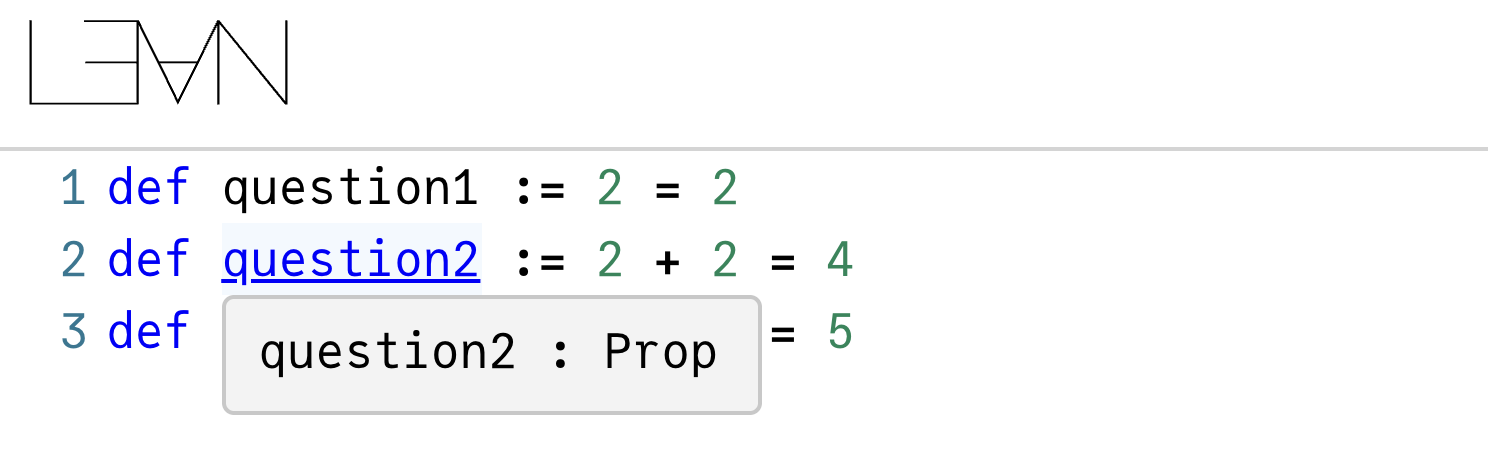Hover in Lean playground showing question2 is of type Prop