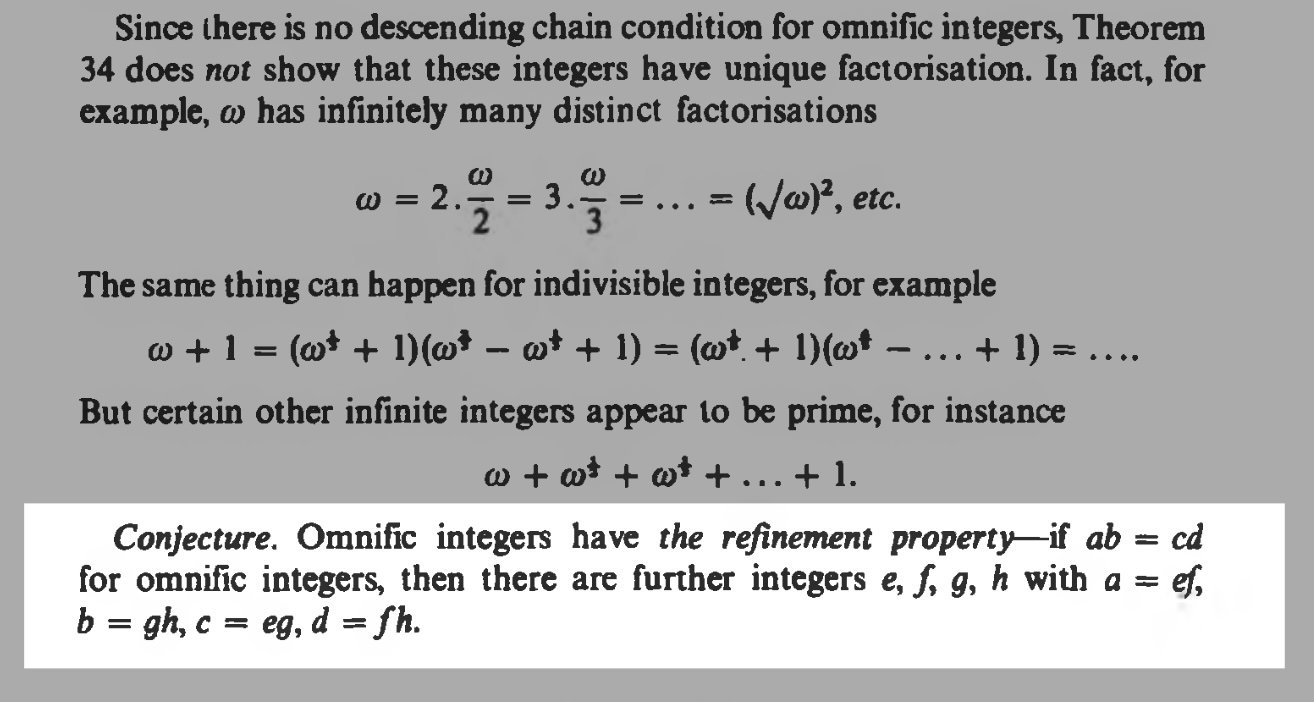 Conjecture: Omnific integers have a refinement property: if ab = cd for omnific integers, then there are further integers e, f, g, h with a = ef, b = gh, c = eg, d = fh.